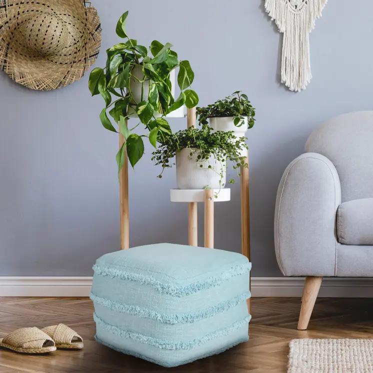 18" Blue Cotton Striped Pouf Ottoman