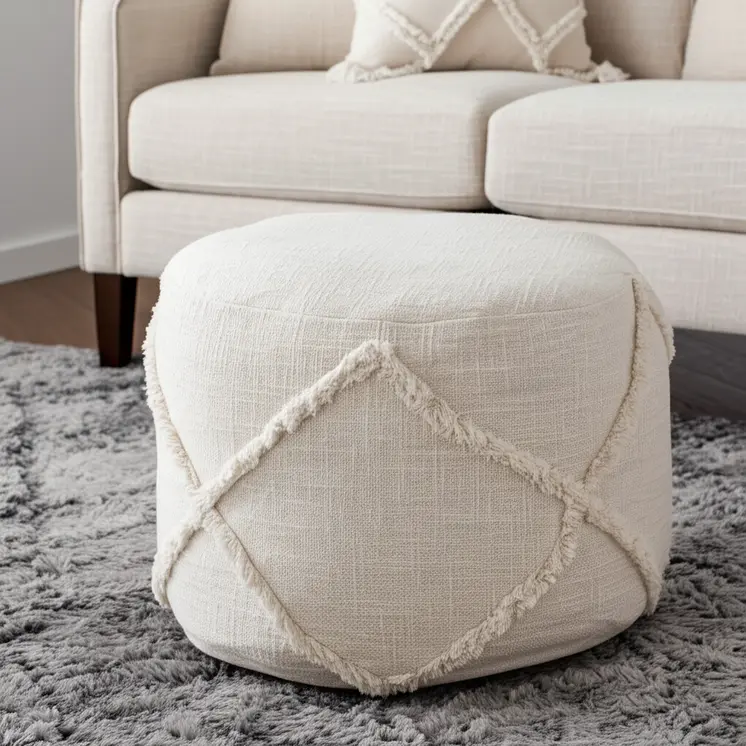 18" Cream Cotton Cylinder Geometric Pouf Ottoman