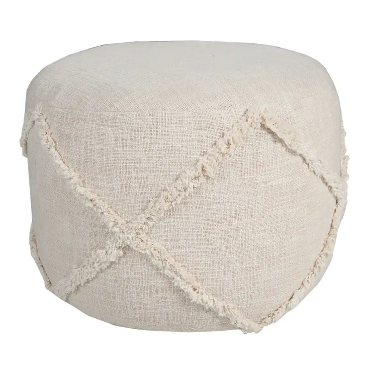 18" Cream Cotton Cylinder Geometric Pouf Ottoman