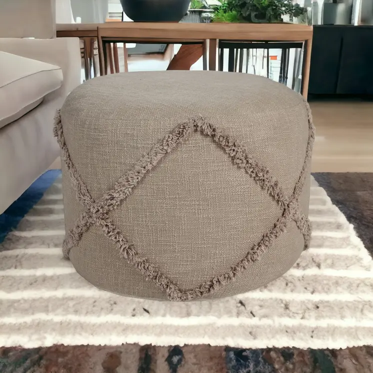 18" Brown Cotton Cylinder Geometric Pouf Ottoman