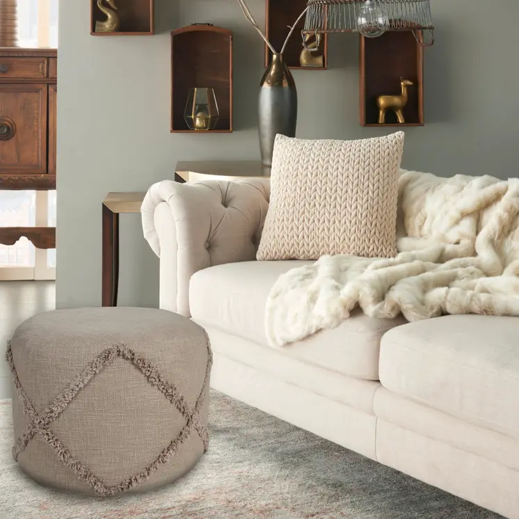 18" Brown Cotton Cylinder Geometric Pouf Ottoman