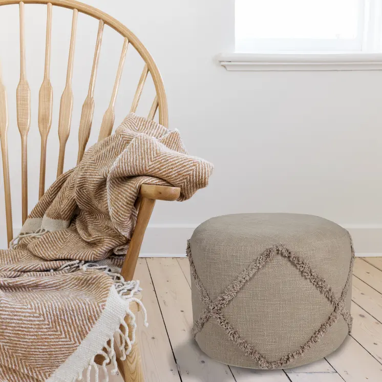 18" Brown Cotton Cylinder Geometric Pouf Ottoman