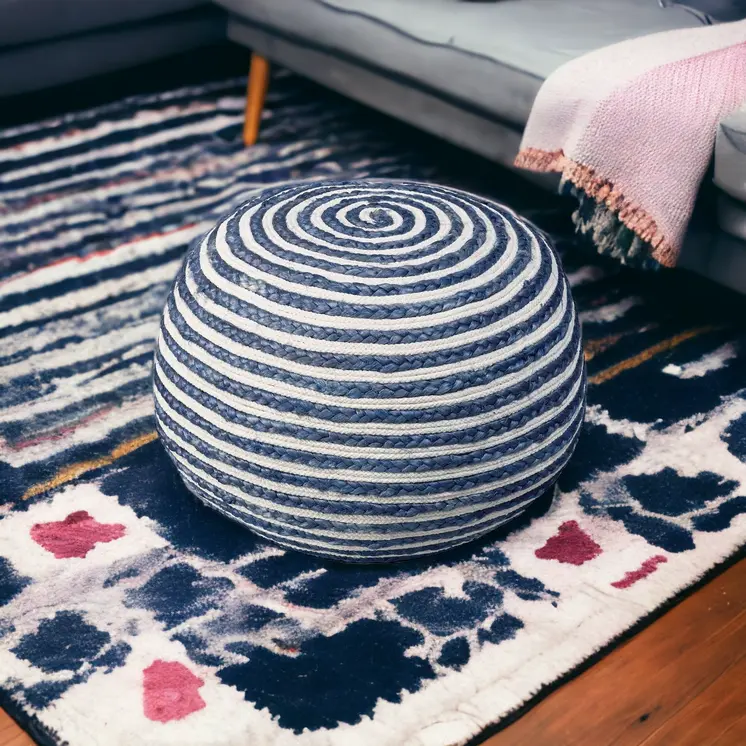 20" Blue Cotton Blend Round Striped Pouf Ottoman