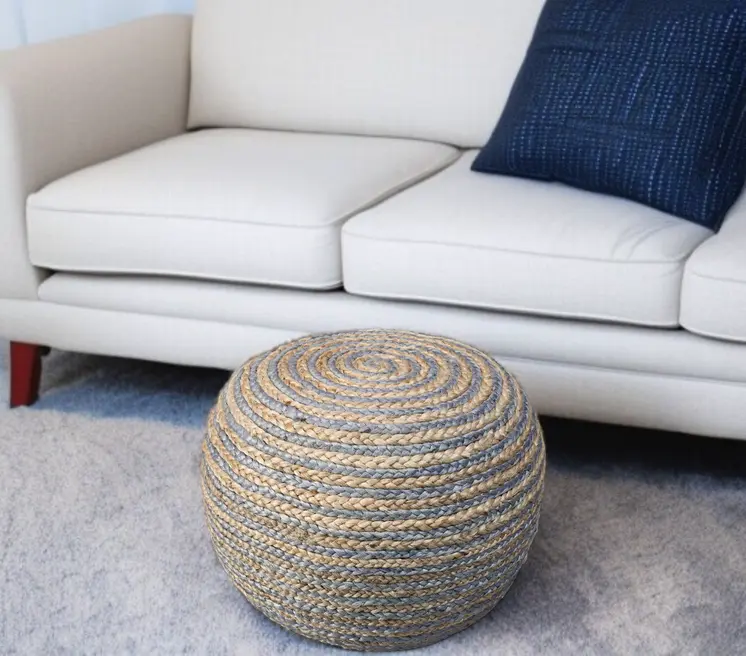 20" Gray Cotton Blend Round Striped Pouf Ottoman