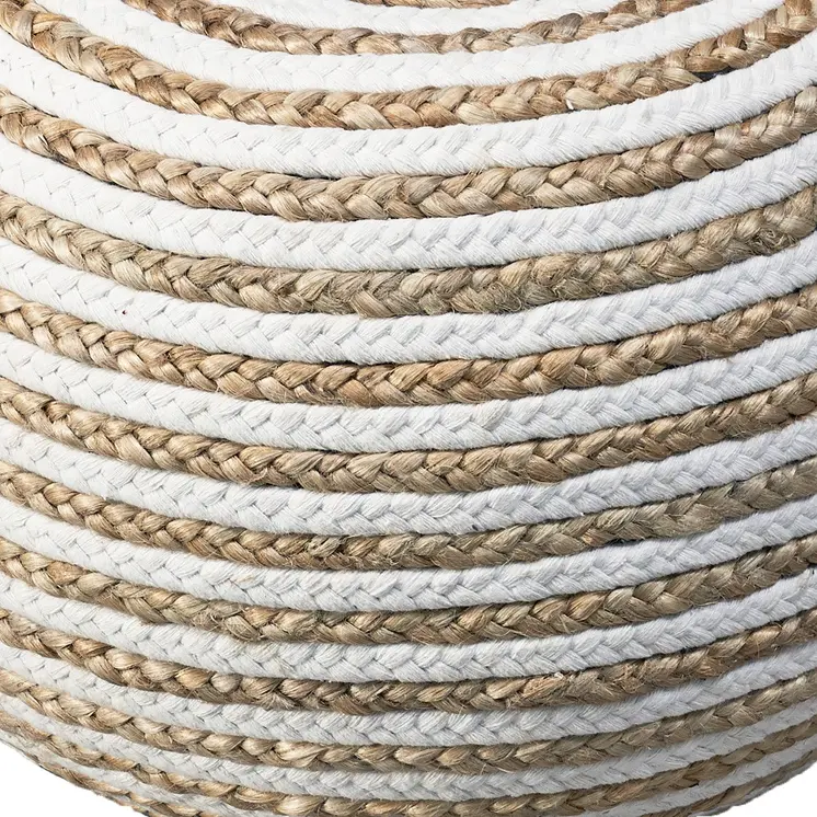 20" White Cotton Blend Round Striped Pouf Ottoman