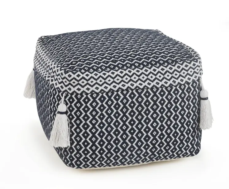 18" Blue Cotton Geometric Pouf Ottoman