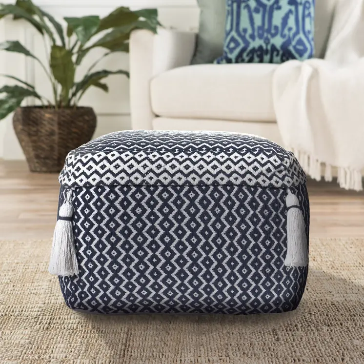 18" Blue Cotton Geometric Pouf Ottoman