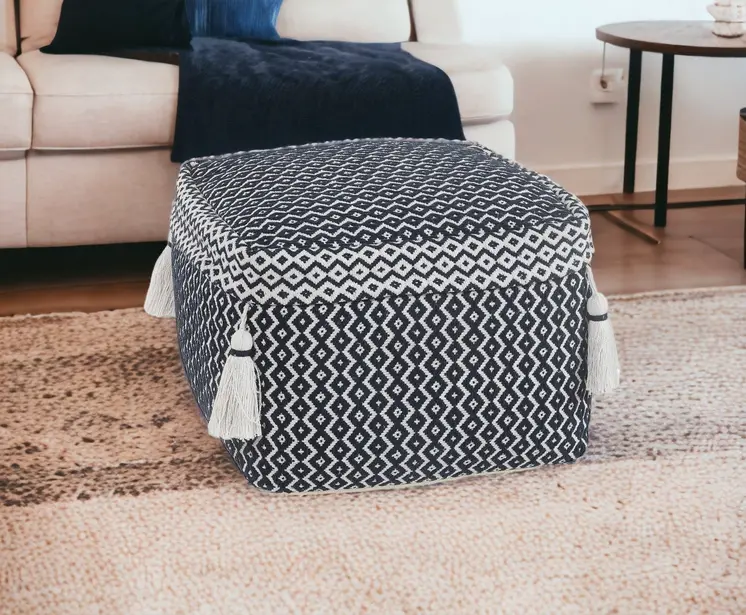 18" Blue Cotton Geometric Pouf Ottoman