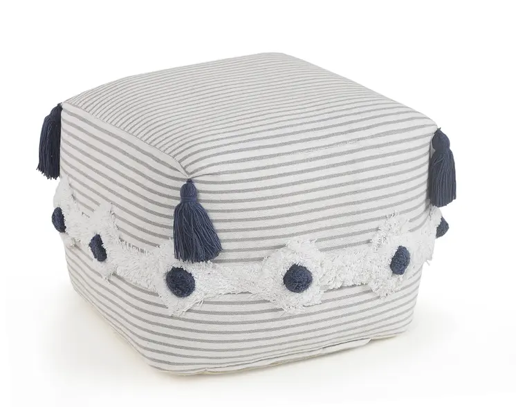 18" Gray Cotton Striped Pouf Ottoman