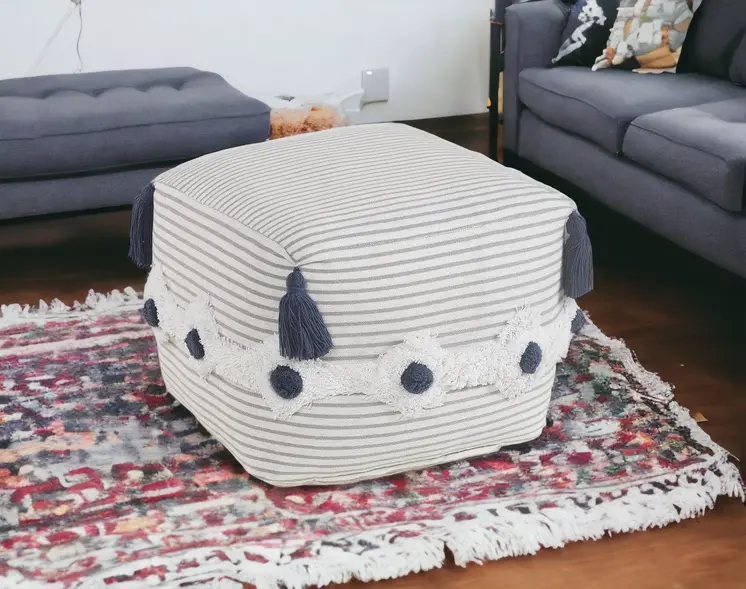 18" Gray Cotton Striped Pouf Ottoman