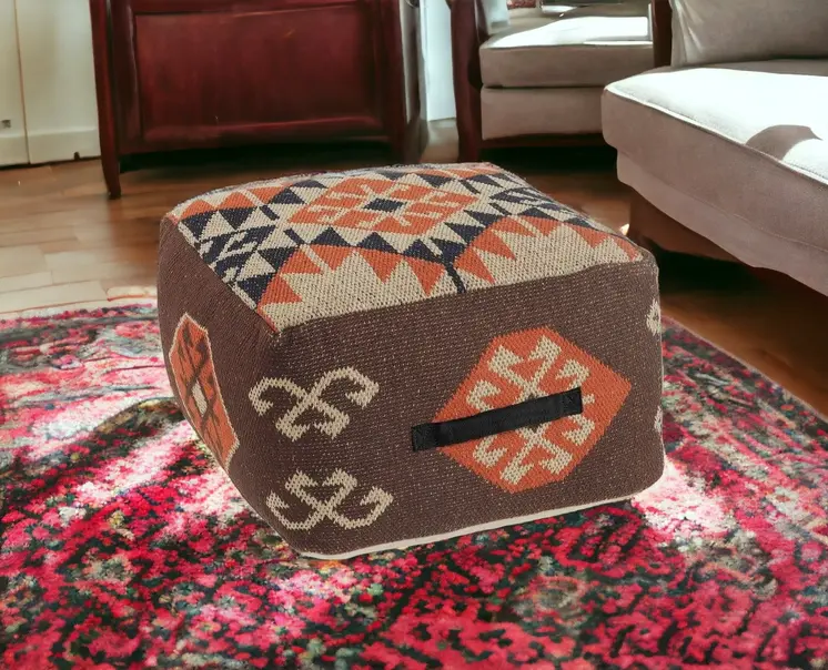 18" Brown Tribal Pouf Ottoman