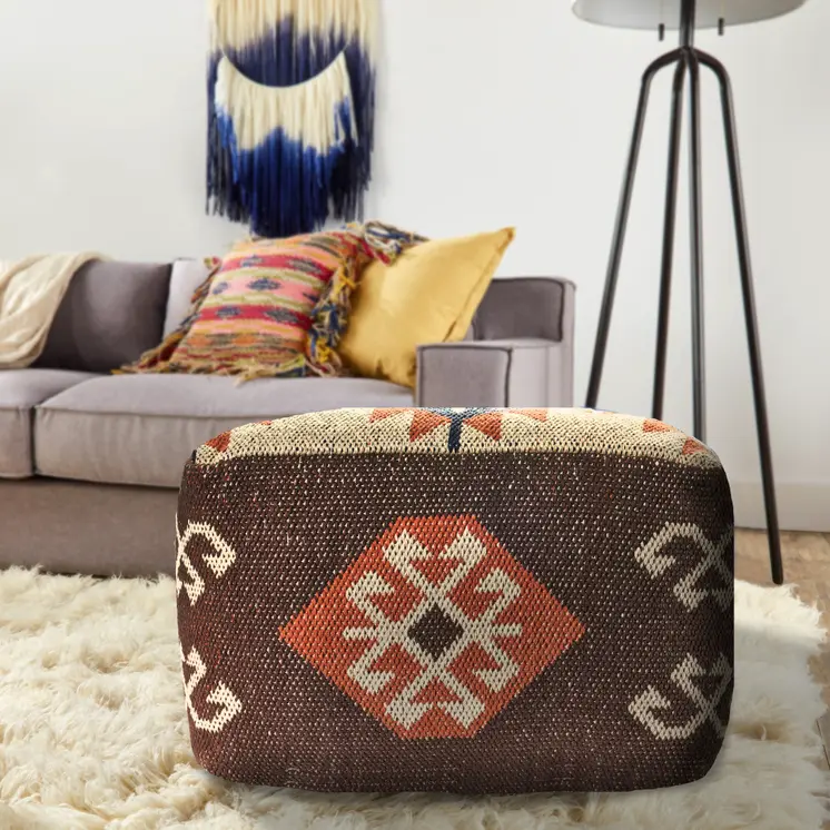 18" Brown Tribal Pouf Ottoman