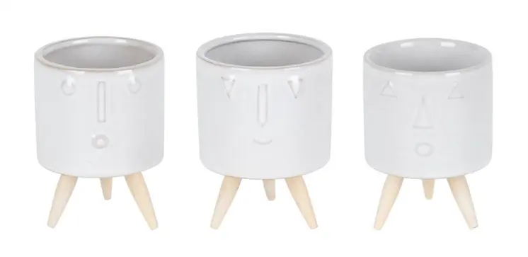 Set of Three White Porcelain 1 Ounce Round Funny Face Pot Planters With Stands