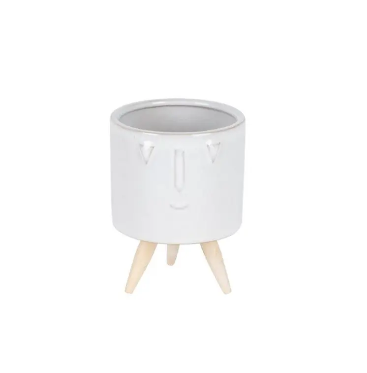 Set of Three White Porcelain 1 Ounce Round Funny Face Pot Planters With Stands