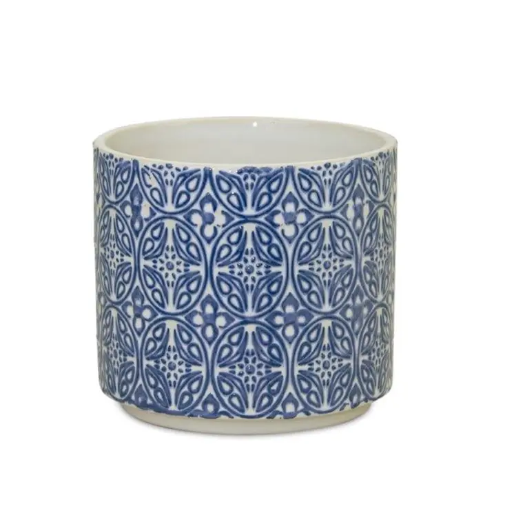 Set of Two Blue And White Ceramic Medallion 3 Ounce Round Pot Planters
