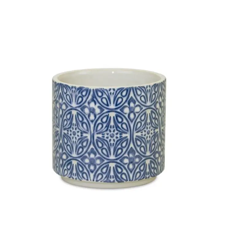 Set of Two Blue And White Ceramic Medallion 3 Ounce Round Pot Planters