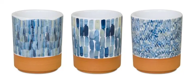 Set of Three Blue Terra Cotta And White Ceramic 1 Ounce Geometric Round Pot Planters