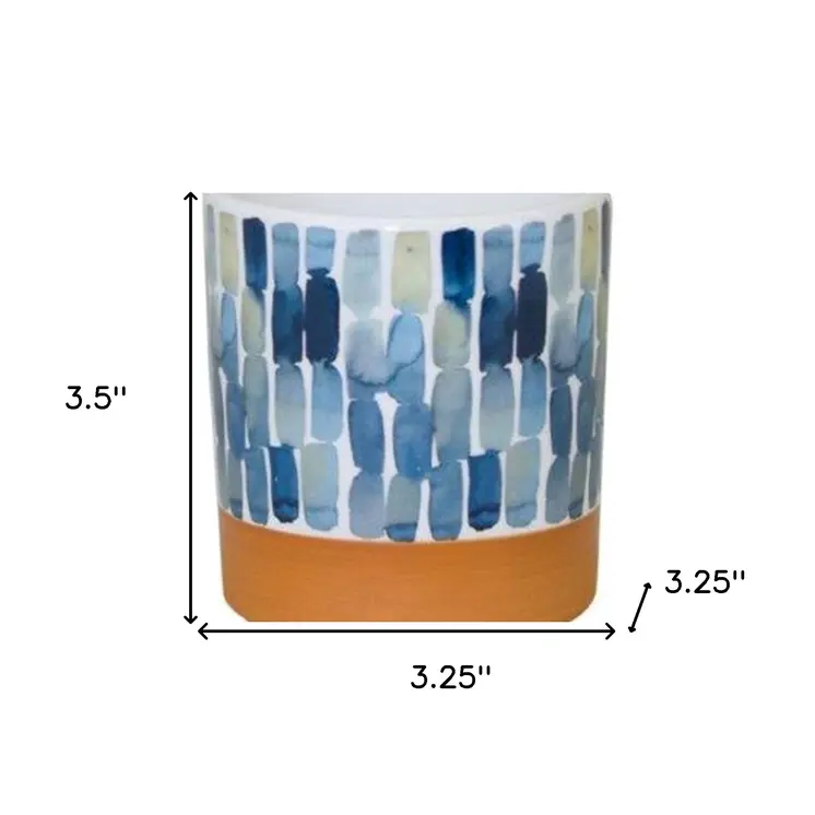Set of Three Blue Terra Cotta And White Ceramic 1 Ounce Geometric Round Pot Planters