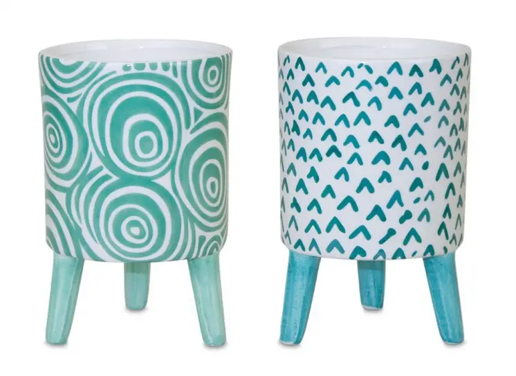 Set of Two Aqua Teal And White Ceramic 2 Ounce Round Raised Pot Planters
