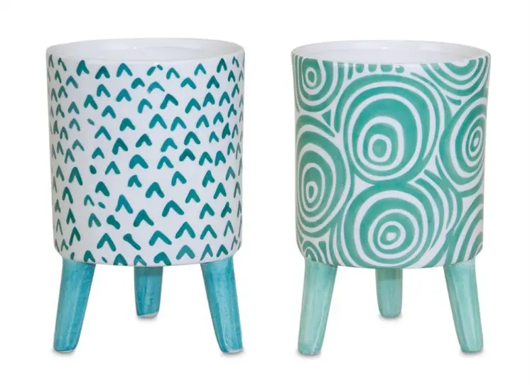 Set of Two Aqua Teal And White Ceramic 2 Ounce Round Raised Pot Planters