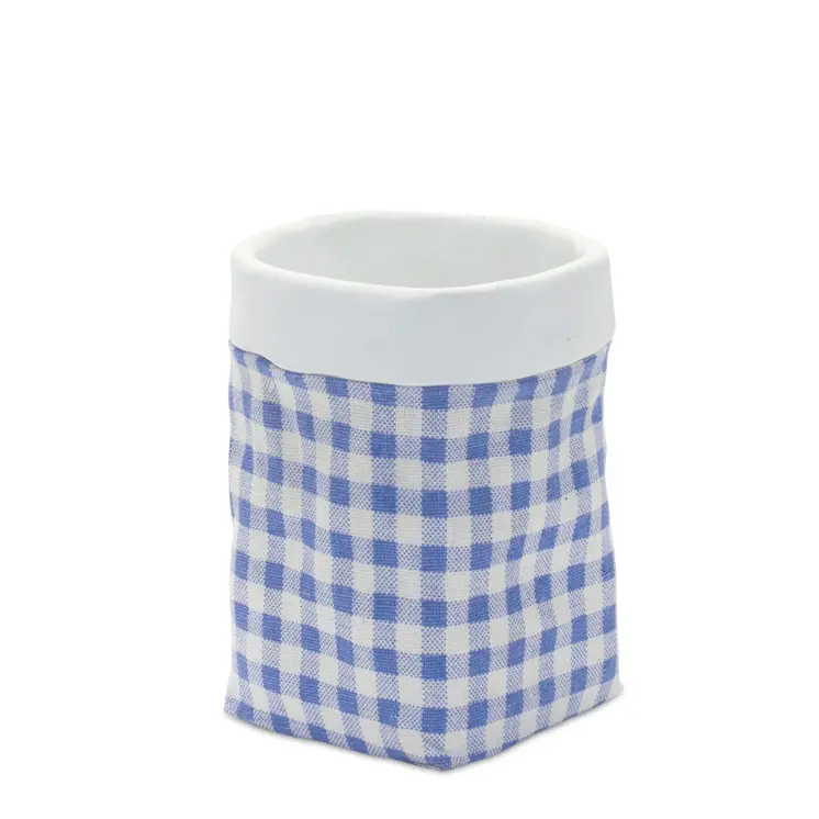 Set of Two Blue And White Cement 7 Ounce Gingham Pot Planters