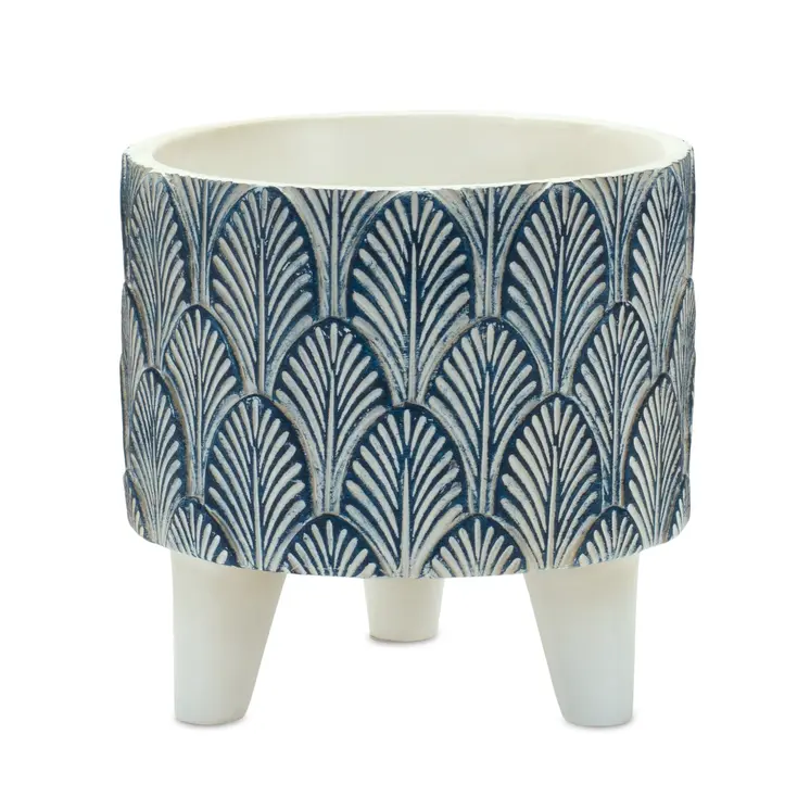 Set of Two Blue And White Polyresin Geometric Pot Planters