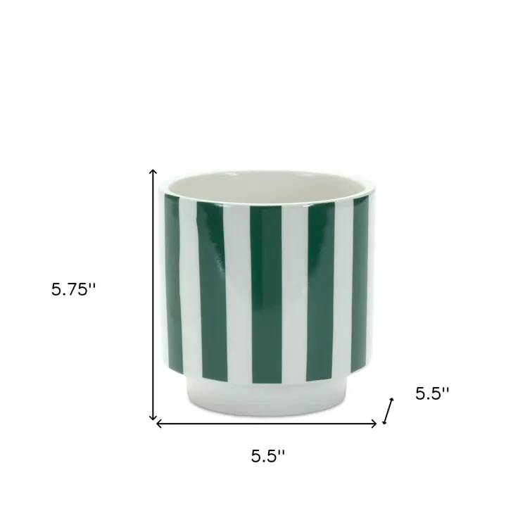 Set of Two Green And White Dolomite Striped 4 Ounce Round Pot Planters
