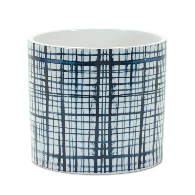 Set of Two White And Blue Ceramic Lattice 2 Ounce Round Pot Planters