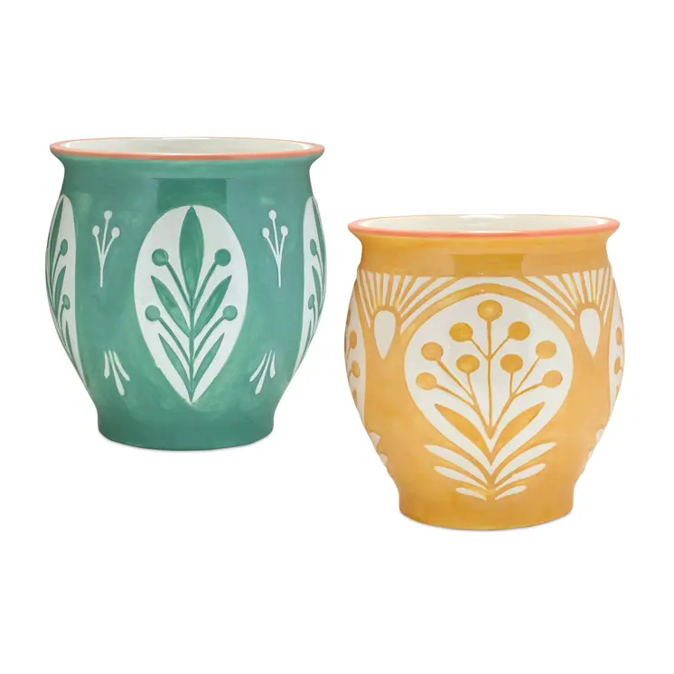 Set of Two Green And Yellow Ceramic 8 Ounce Geo Floral Pot Planters