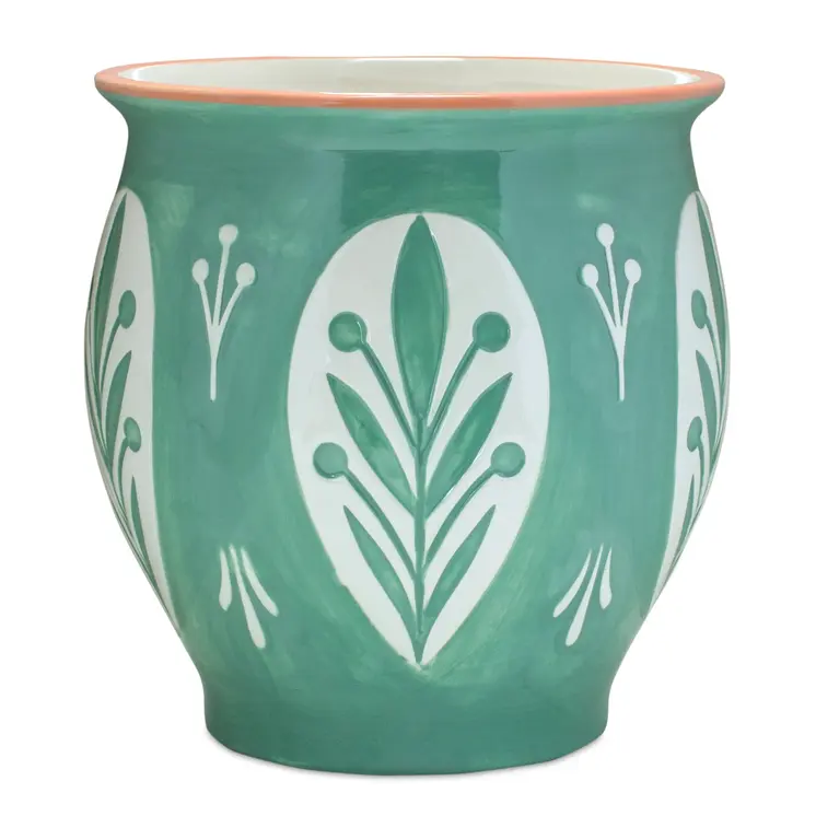 Set of Two Green And Yellow Ceramic 8 Ounce Geo Floral Pot Planters