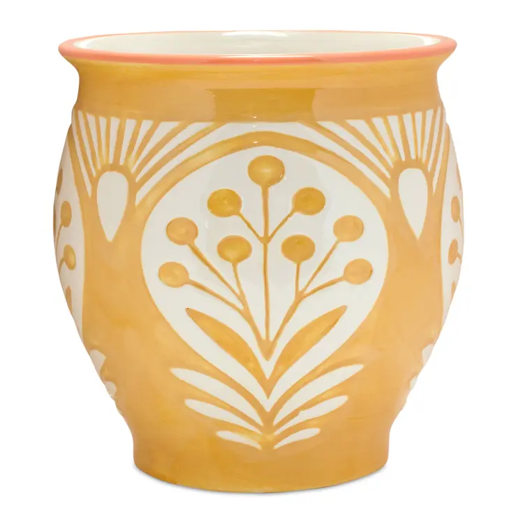 Set of Two Green And Yellow Ceramic 8 Ounce Geo Floral Pot Planters
