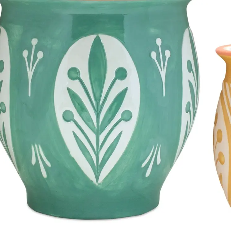 Set of Two Green And Yellow Ceramic 8 Ounce Geo Floral Pot Planters