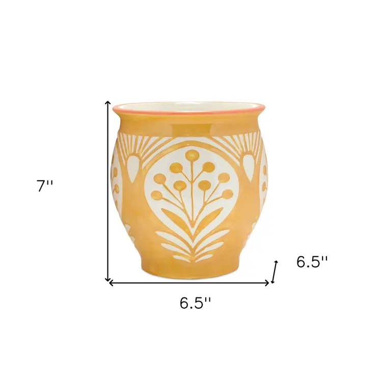 Set of Two Green And Yellow Ceramic 8 Ounce Geo Floral Pot Planters
