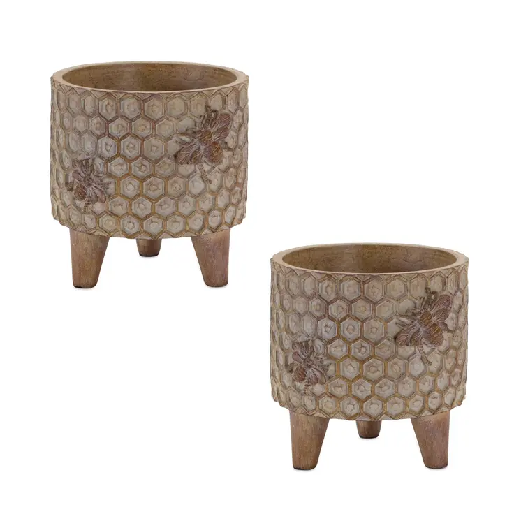 Set of Two Brown Polyresin 3 Ounce Bumble Bee Pot Planters
