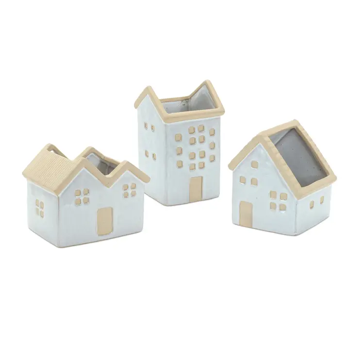 Set of Three White And Natural House Trio Pot Planters