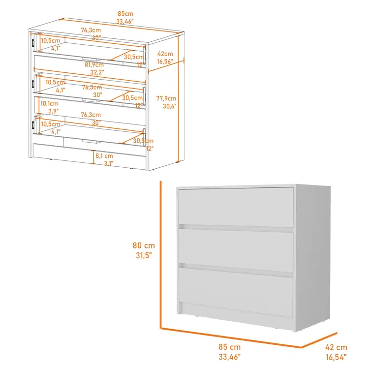 33" White Three Drawer Dresser