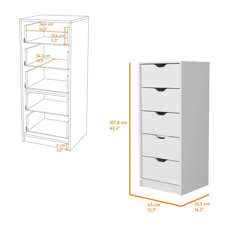 18" White Five Drawer Dresser