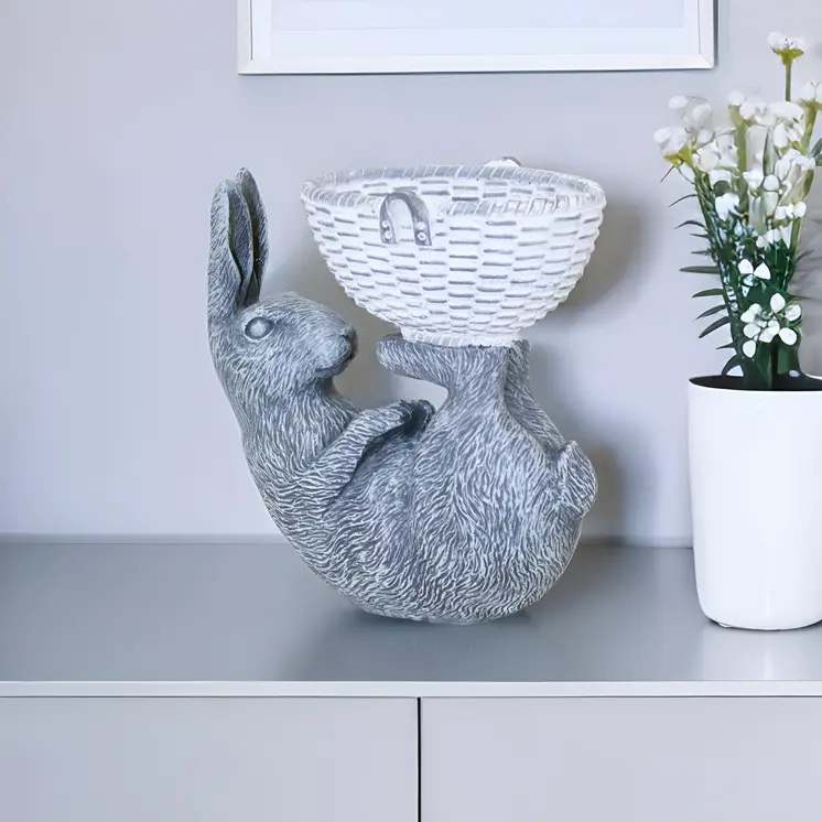 7" Gray And White Polyresin Rabbit Statue Tabletop Sculpture