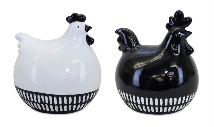 Set of Two Black And White Terracotta Chicken Figurines