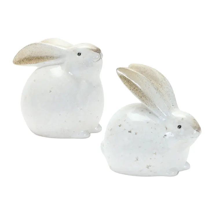 Set of Four White And Brown Terracotta Rabbit Figurines