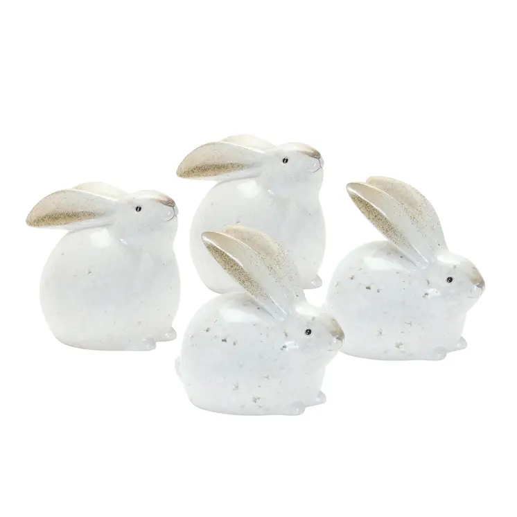 Set of Four White And Brown Terracotta Rabbit Figurines