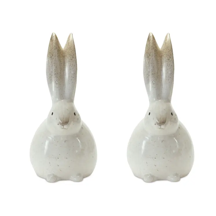 Set of Two White And Brown Terracotta Rabbit Figurines