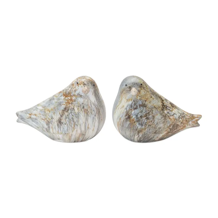 Set of Two Brown Blue And Ivory Faux Marble Bird Figurines