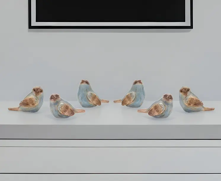 Set of Six 3" Blue And Brown Polyresin Bird Figurine Tabletop Sculpture