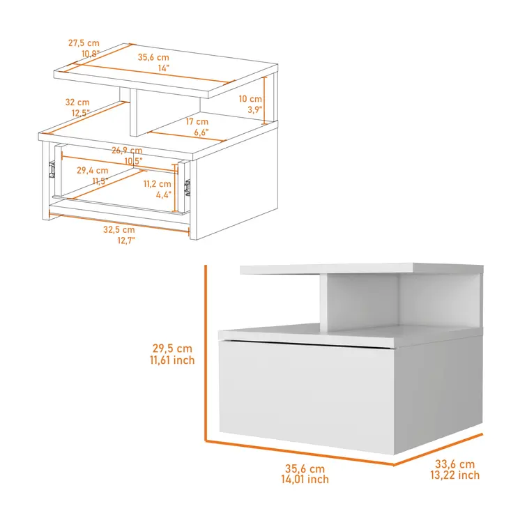 12" Wood One Drawer Floating Nightstand