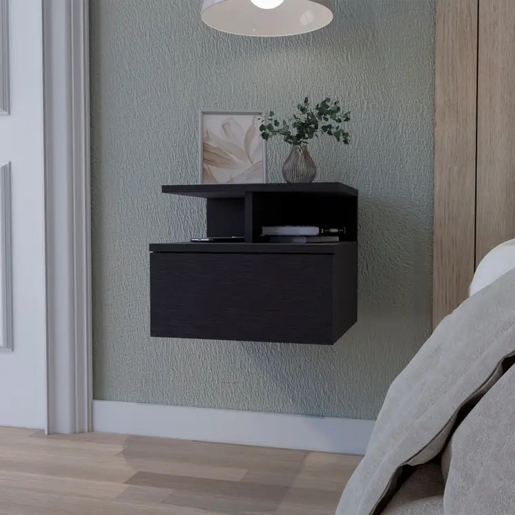 12" Black Wood One Drawer Nightstand with Integrated Tech