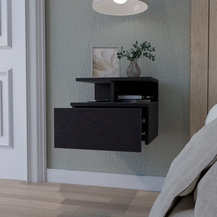 12" Black Wood One Drawer Nightstand with Integrated Tech