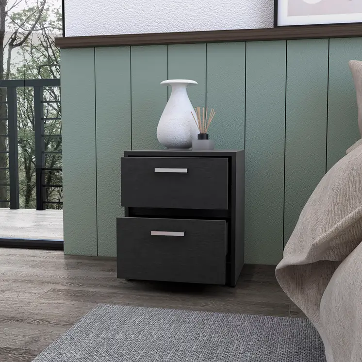 19" Black Wood Two Drawer Nightstand with Integrated Tech