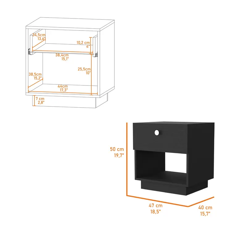 20" Black Wood One Drawer Nightstand with Integrated Tech