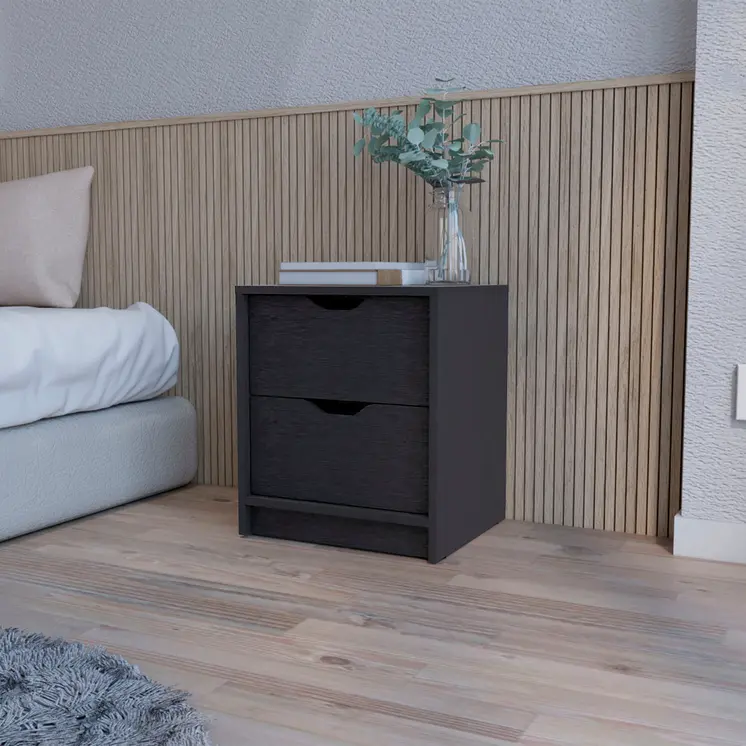 19" Black Wood Two Drawer Nightstand with Integrated Tech
